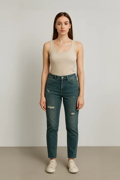 Kadın Yırtık Deyaylı Likralı Jean Pantolon Haki ürün görseli