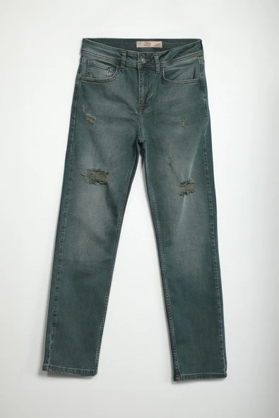 Kadın Yırtık Deyaylı Likralı Jean Pantolon Haki - 4