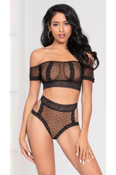 randevu Dantelli Puantiye Tül Kayık Yaka Büstiyer Külot Takım Gecelik - 4