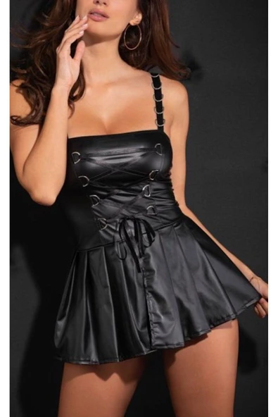 randevu Metal Akesuarlı Bağlamalı Pileli Deri Elbise - 2