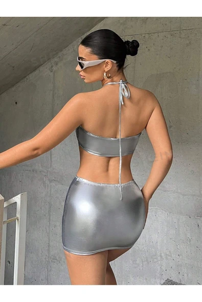 randevu Halkalı Straplez Parlak Gümüş Mini Elbise - 5