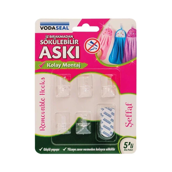 Vodaseal İz Bırakmadan Sökülebilir Askı 5li Paket  Şeffaf