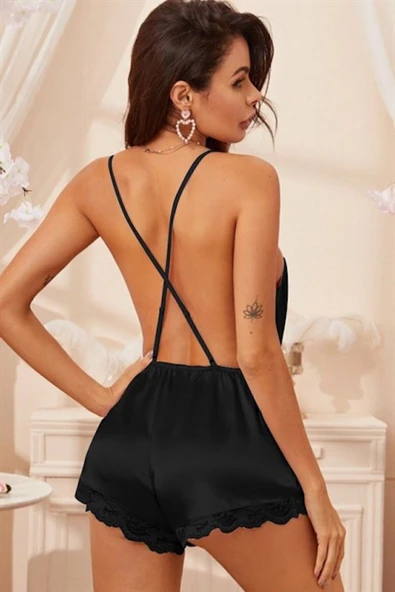 randevu Cuplu Dantelli Tül Puantiye Mini Gecelik Külot Takım Siyah - 4