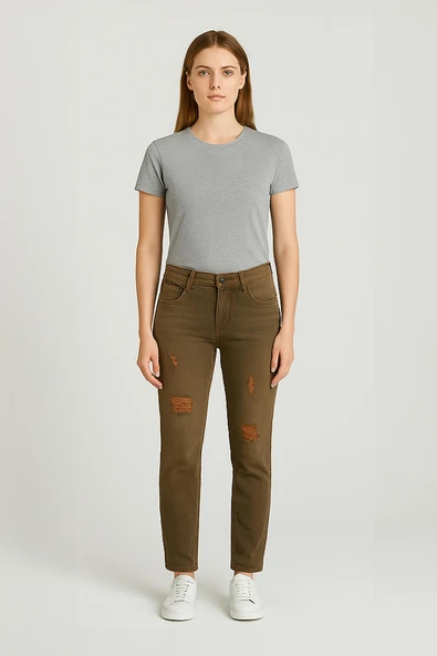 Kadın Yırtık Deyaylı Likralı Jean Pantolon Kahverengi - 2