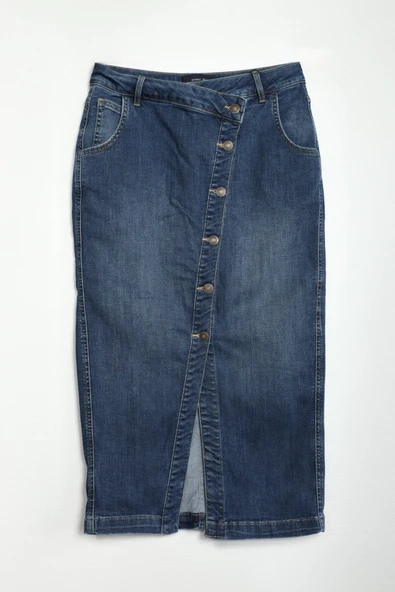 Önü Yan Düğmeli Midi Boy Likralı Lacivert Jean Etek - 2