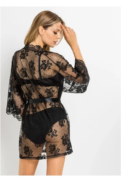 randevu Saten Kuşaklı Dantel Mini Kimono - 3