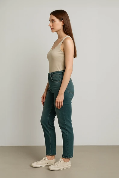 Kadın Yırtık Deyaylı Likralı Jean Pantolon Haki - Resim 2