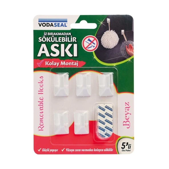 Vodaseal İz Bırakmadan Sökülebilir Askı 5li Paket  Beyaz
