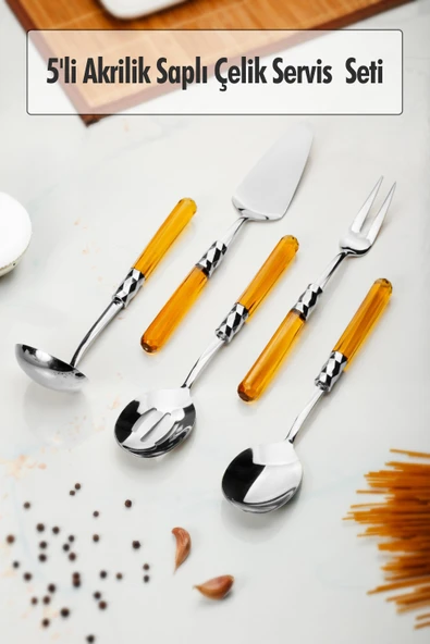 5 Parça Platin Servis Seti & Servis Sunum Seti Amber ( Kepçe / Kevgir / Sıpatula / Çatal / Kaşık )