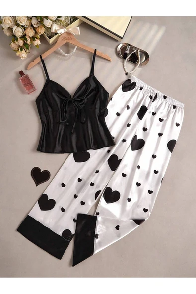 my cherie Kalp Baskı Yumuşak Saten 2 Parça Pijama Takım