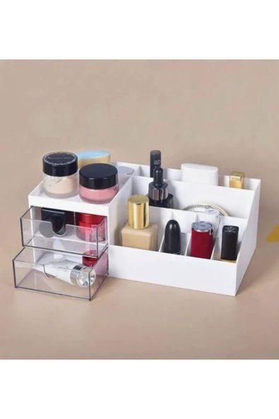 Make-up Kozmetik Standı Şeffaf 2 Çekmeceli Makyaj Düzenleyici Ruj Kalem Organizer Oje Rafı - 4