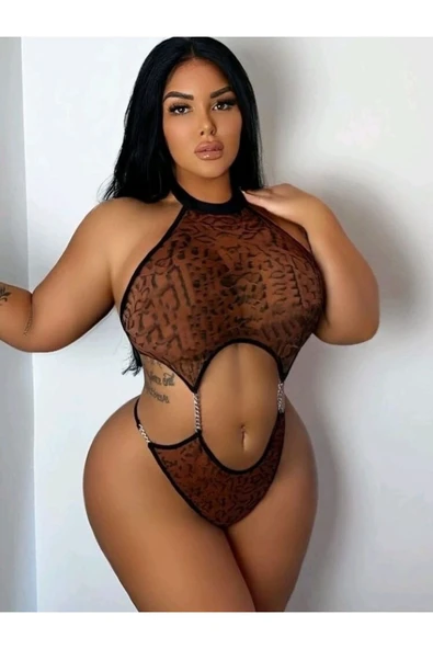 my cherie Zincir Ayrıntılı Halter Yaka Leopar Body