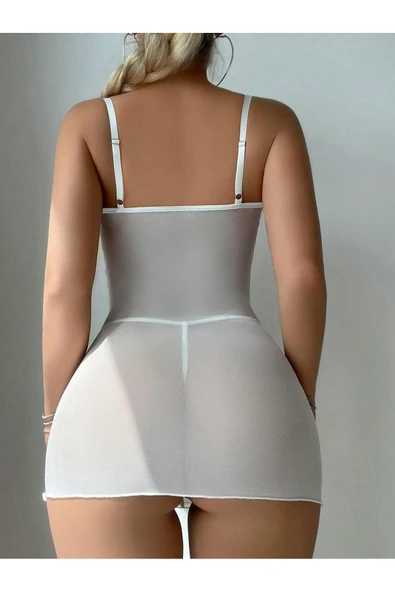 randevu Beyaz Dantel Büzgülü Mini Gecelik - 3