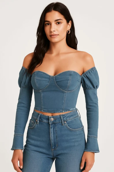Karpuz Kol Açık Mavi Denim Büstiyer