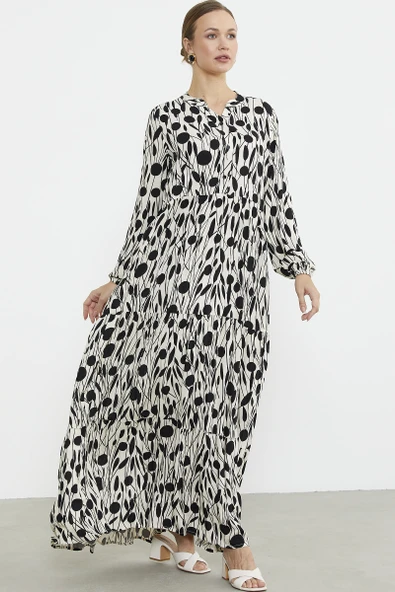 Desenli Uzun Büzgülü Elbise - Siyah - 5