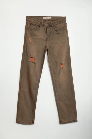 Kadın Yırtık Deyaylı Likralı Jean Pantolon Kahverengi - 5