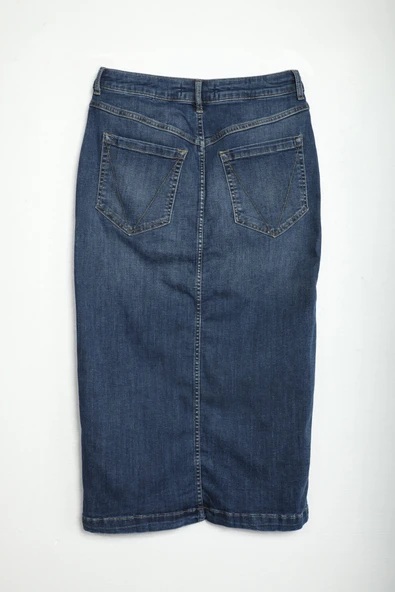 Önü Yan Düğmeli Midi Boy Likralı Lacivert Jean Etek - 3