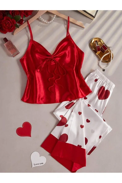 my cherie Kalp Baskı Yumuşak Saten 2 Parça Pijama Takım - 9