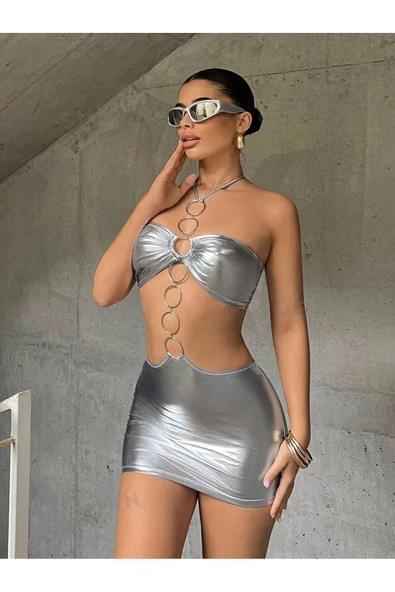 randevu Halkalı Straplez Parlak Gümüş Mini Elbise - 2
