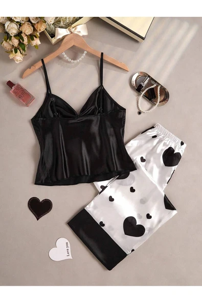 my cherie Kalp Baskı Yumuşak Saten 2 Parça Pijama Takım - 2