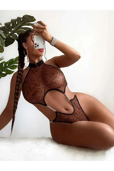 randevu Zincirli Leopar Baskılı Cut Out Body Gecelik - 2