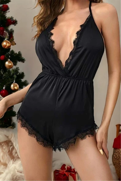 randevu Cuplu Dantelli Tül Puantiye Mini Gecelik Külot Takım Siyah - 2