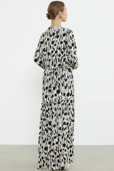 Desenli Uzun Büzgülü Elbise - Siyah - 6