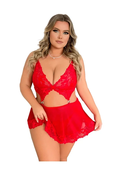 randevu Dantelli Dekolteli Aksesuarlı Mini Tül Gecelik - 4