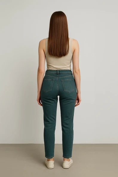 Kadın Yırtık Deyaylı Likralı Jean Pantolon Haki - Resim 3