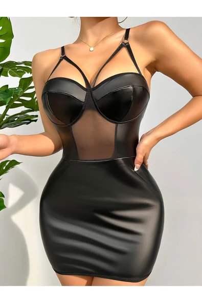 randevu Biyeli Tül Detaylı Deri Mini Elbise