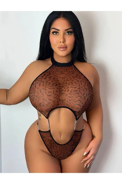 my cherie Zincir Ayrıntılı Halter Yaka Leopar Body - 3