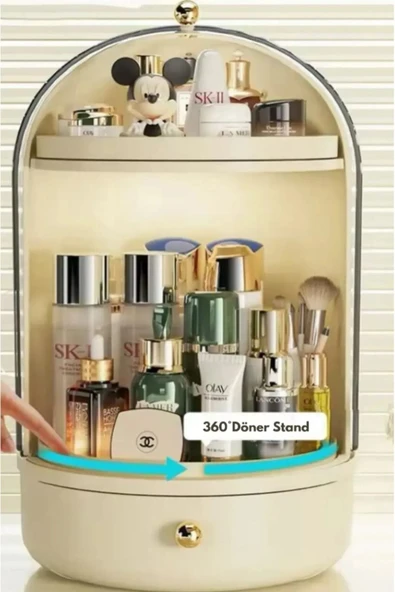 Glow Vitrin 360 Döner Standlı Çekmeceli Raflı Hazneli Makyaj Kozmetik Organizer - 3
