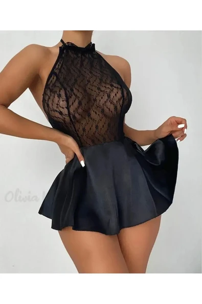 randevu Eteği Saten Üstü Dantel Bağlamalı Gecelik Külot Takım