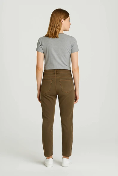 Kadın Yırtık Deyaylı Likralı Jean Pantolon Kahverengi - 4