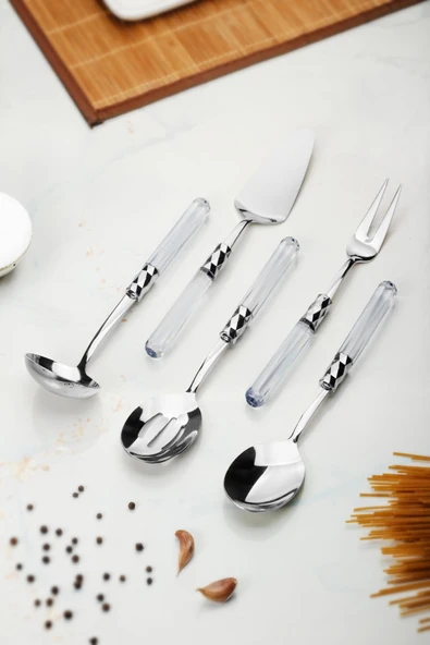 5 Parça Platin Servis Seti & Servis Sunum Seti Şeffaf ( Kepçe / Kevgir / Sıpatula / Çatal / Kaşık ) - 3