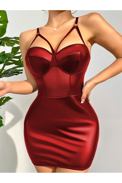 my cherie Biyeli Tüllü Deri Mini Elbise Kırmızı - 2