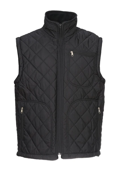 Baklava Dikişli Üç Cepli Polarlı Yelek Siyah Renk - 10