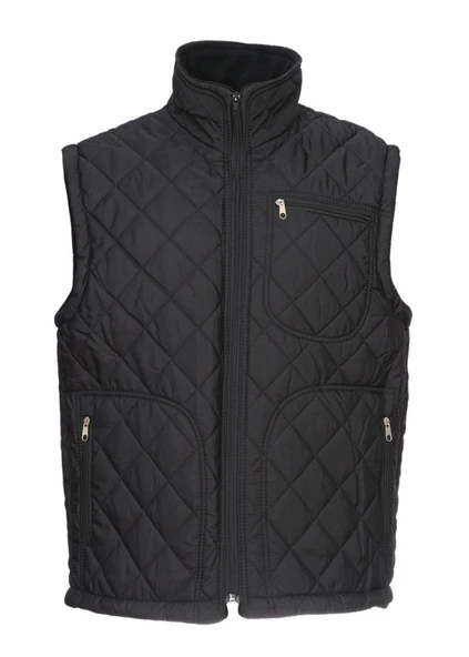 Baklava Dikişli Üç Cepli Polarlı Yelek Siyah Renk - 12