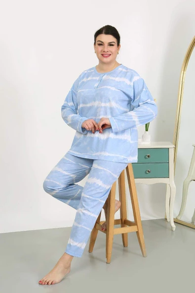 Kadın Büyük Beden Uzun Kol Penye Pijama Takımı Mavi 202502 - 4