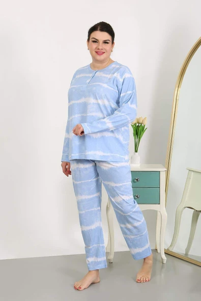 Kadın Büyük Beden Uzun Kol Penye Pijama Takımı Mavi 202502 - 3