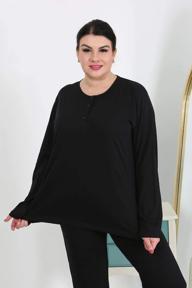 Kadın Büyük Beden Uzun Kol Penye Pijama Takımı Siyah 202501