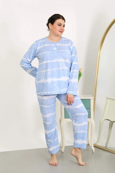 Kadın Büyük Beden Uzun Kol Penye Pijama Takımı Mavi 202502