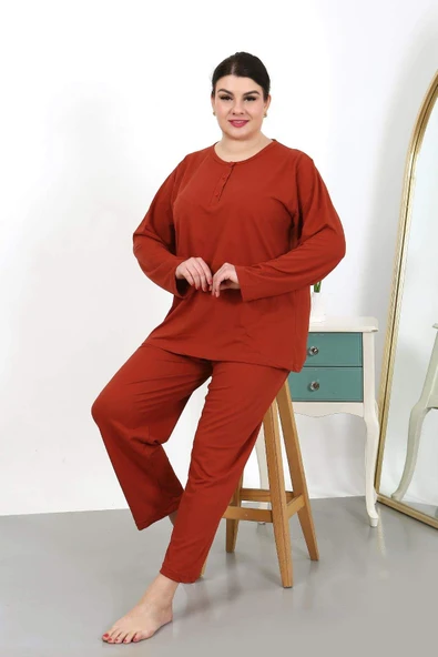 Kadın Büyük Beden Uzun Kol Penye Pijama Takımı Kiremit 202501