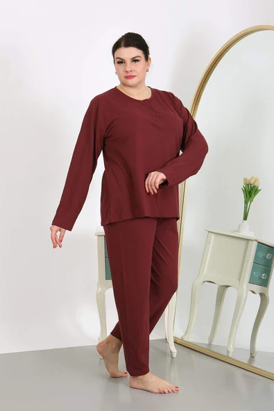 Kadın Büyük Beden Uzun Kol Penye Pijama Takımı Bordo 202501 - 6