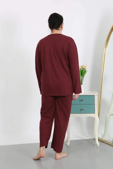 Kadın Büyük Beden Uzun Kol Penye Pijama Takımı Bordo 202501 - 5