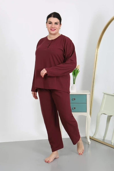 Kadın Büyük Beden Uzun Kol Penye Pijama Takımı Bordo 202501 - 2