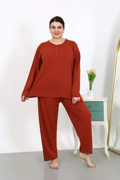Kadın Büyük Beden Uzun Kol Penye Pijama Takımı Kiremit 202501 - 2