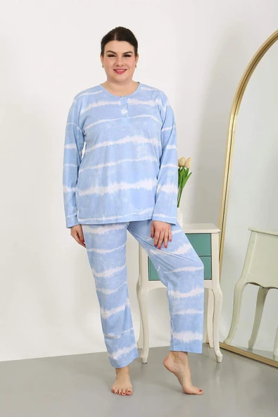 Kadın Büyük Beden Uzun Kol Penye Pijama Takımı Mavi 202502 - 6