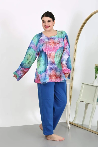 Kadın Büyük Beden Uzun Kol Penye Pijama Takımı Saks 202503 - 2