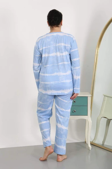 Kadın Büyük Beden Uzun Kol Penye Pijama Takımı Mavi 202502 - 2